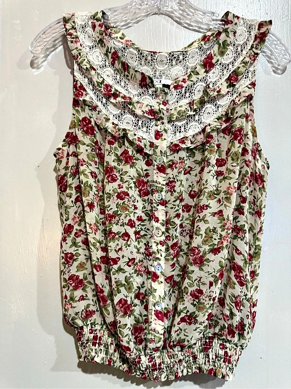 XXI Floral Lace-Trim Tank Top in White & Red Size XXL